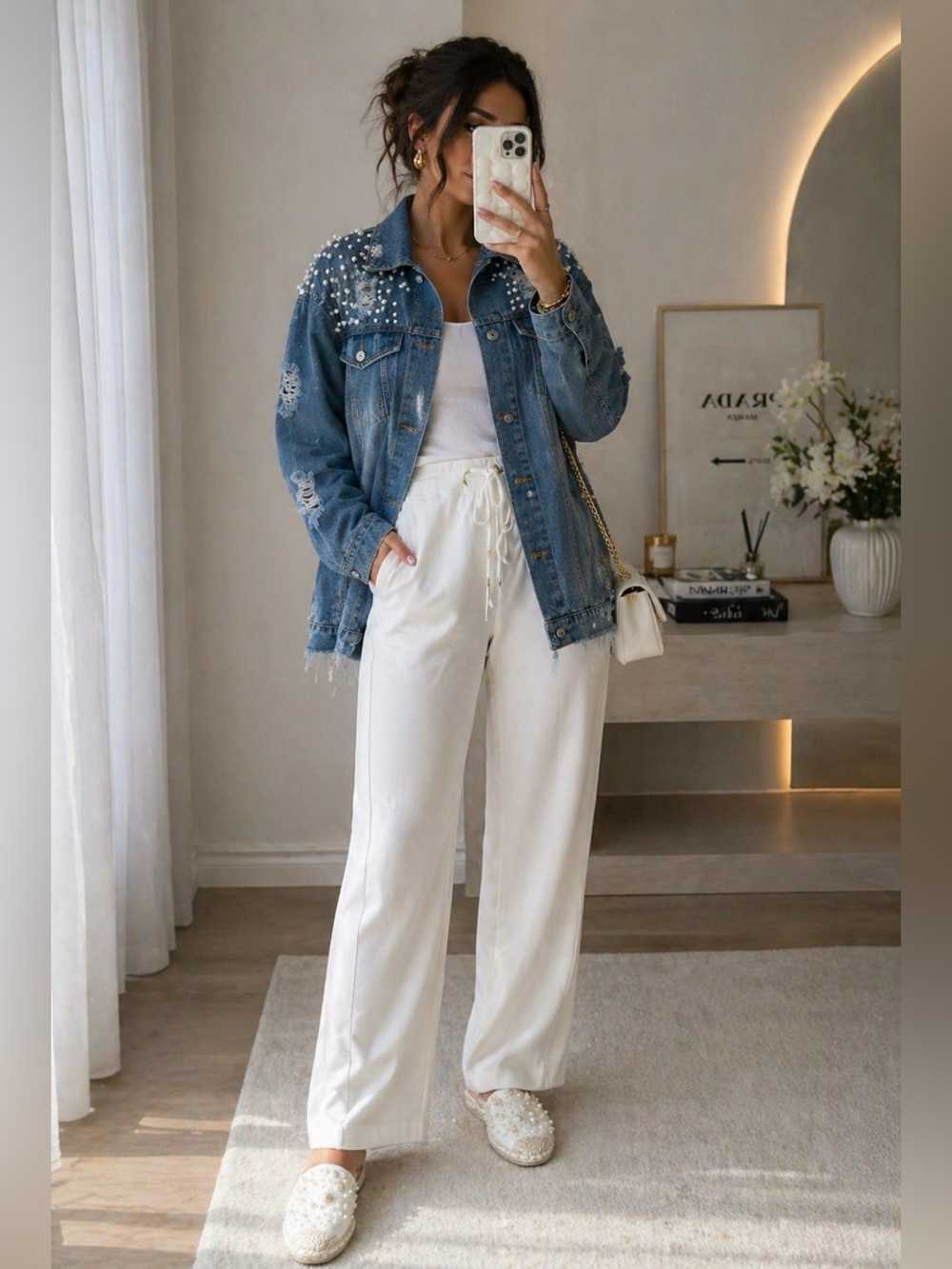 Women’s Pearl Studded Distressed Denim Jacket Oversized Blue Jean Jacket